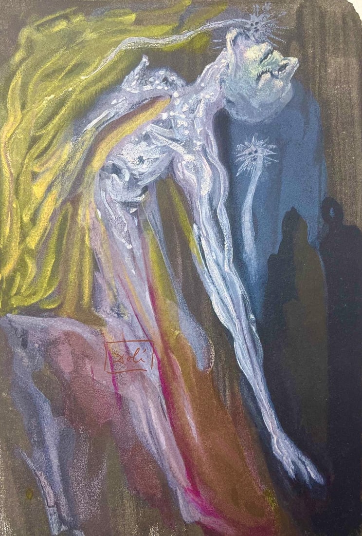 Salvador Dali, Holle IX (Michler/Lopsinger 1039-1138; Field 189-200), Die Gottliche Komodie, Signed,: Woodcut in colors on velin de Rives BFK paper, mounted on velin d'Arches support, as issued. Paper size: 13 x 10.375 inches. Inscription: Signed in the block, and unnumbered, as issued. Catalogue rais