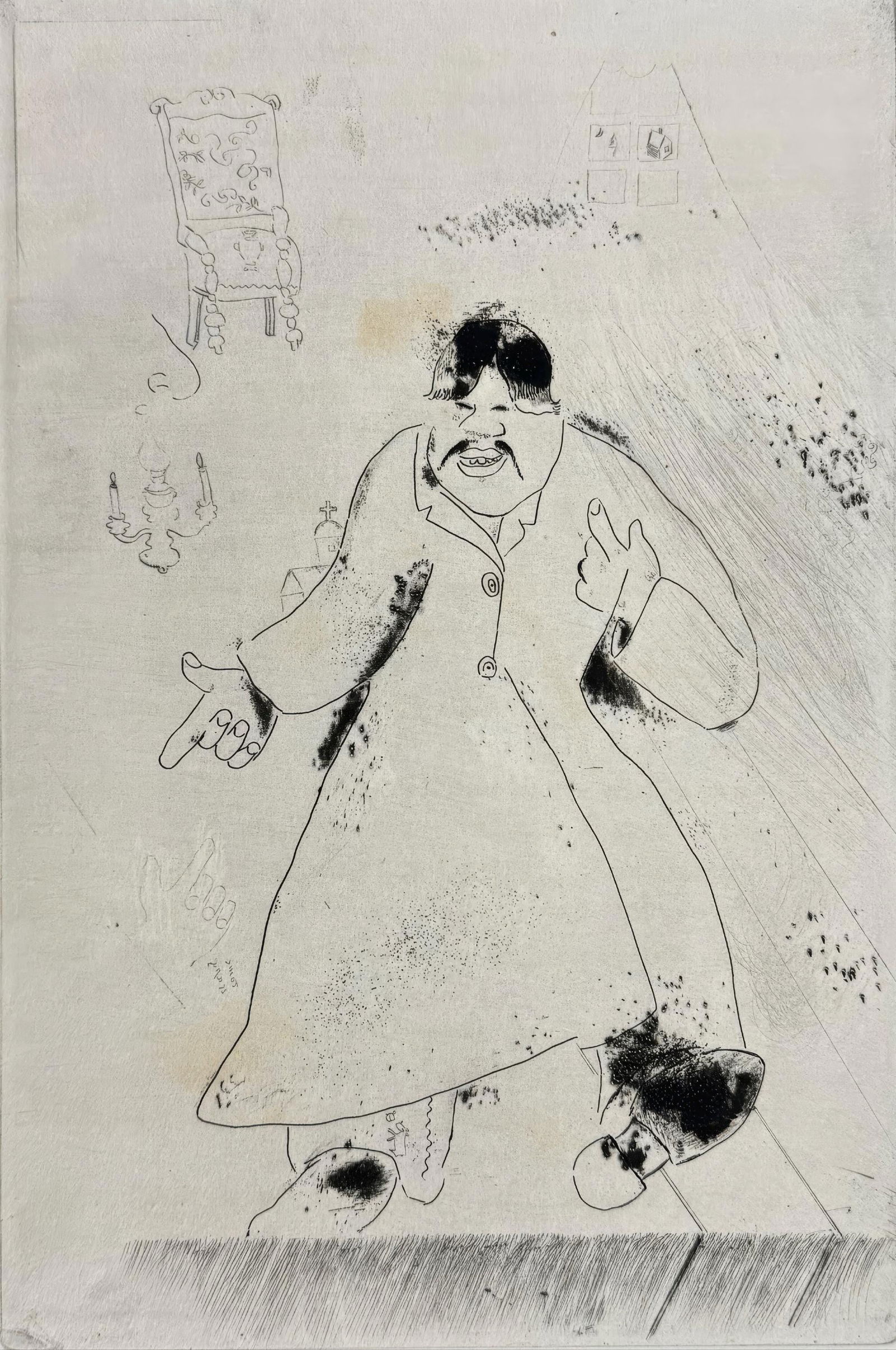 Marc Chagall, The Steward, from Dead Souls, Limited Edition Etching, 1923-1927: This exquisite etching by Marc Chagall (1887-1985), titled L'intendant (The Steward), originates from the celebrated folio Nicolas Gogol, Les Ames mortes, Eaux-fortes originales de Marc Chagall (Nicol