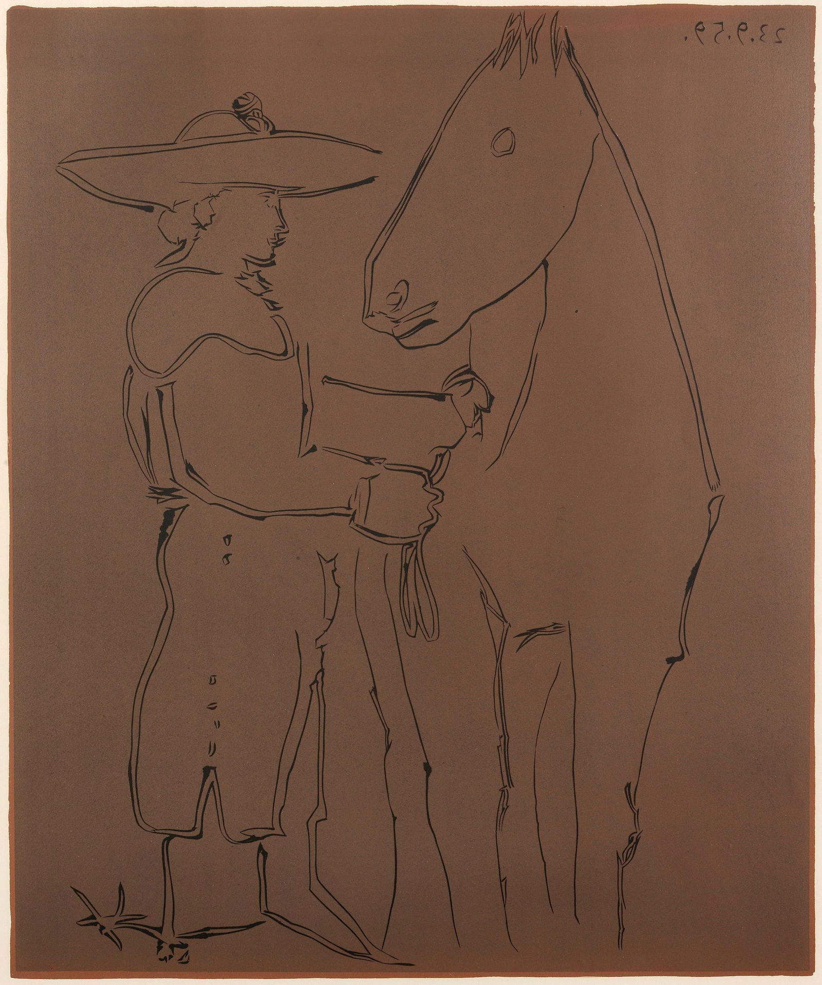 Pablo Picasso, Picador et Cheval (Orozco 214), Grabados al linoleo, Limited Edition Linocut: Linocut on velin paper. Paper Size: 12.5 x 14.5 inches; image size: 10.5 x 8.75 inches. Inscription: Unsigned and unnumbered, as issued. Catalogue raisonne reference: Orozco, M. (2018). Picasso. 70 ye