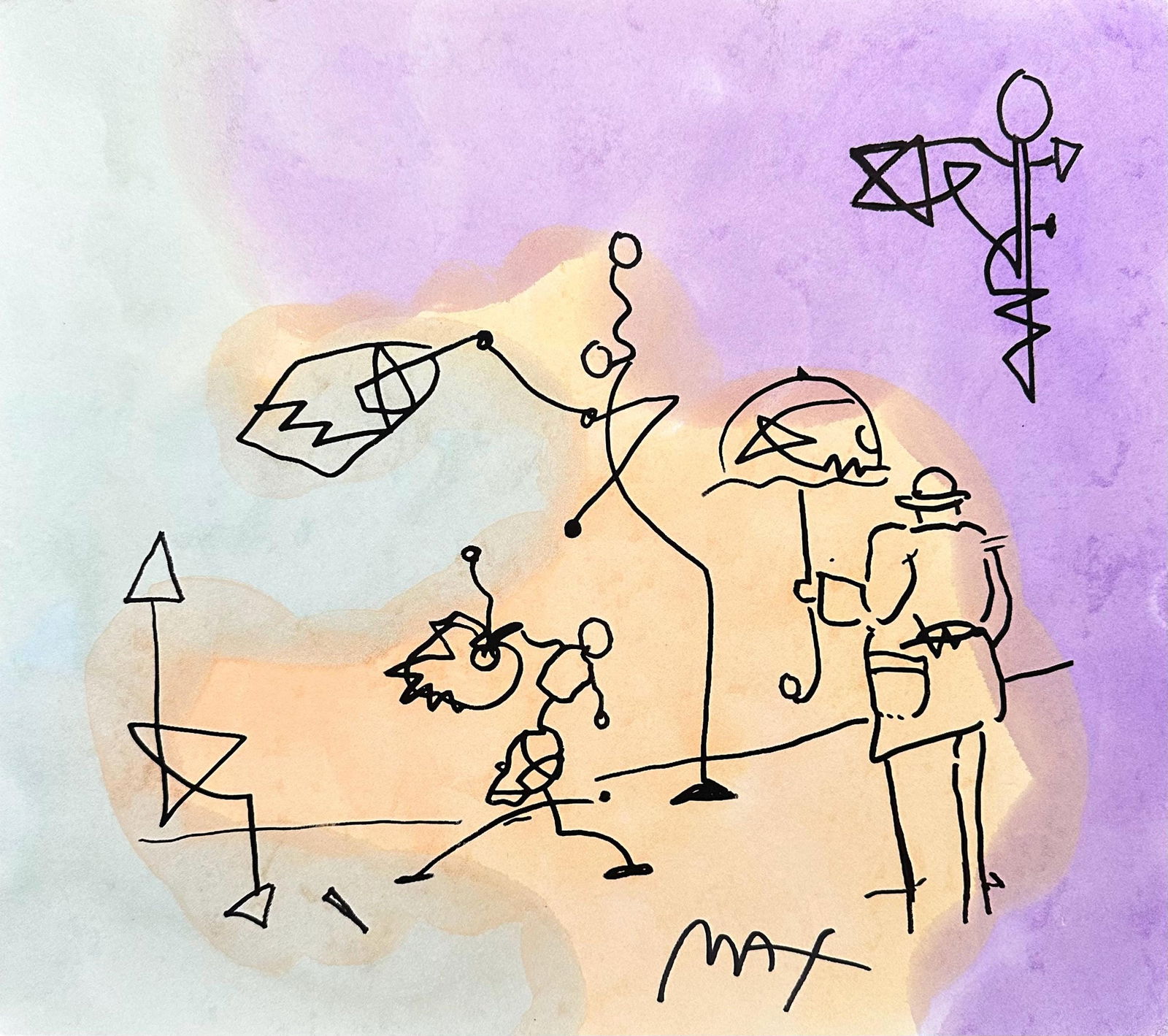 Peter Max, Umbrella Man, Hand Signed, Mixed Media Watercolor and Silkscreen Painting: Watercolor and silkscreen on Fabriano velin paper. Paper size: 12 x 13.75 inches. Inscription: Hand signed in ink, as issued. Condition: Excellent. Notes: Published, printed, and painted by Peter Max,