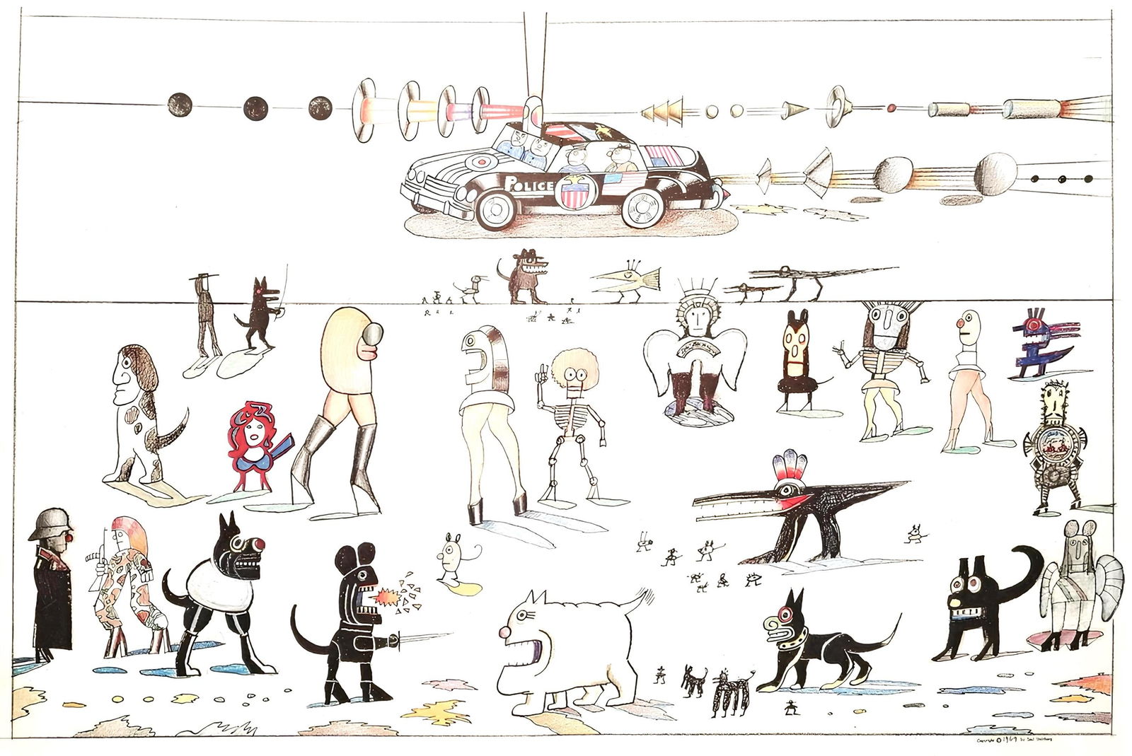 Saul Steinberg, Composition, Derriere le miroir, Limited Edition Lithograph: Lithograph on velin paper. Paper Size: 15 x 22 inches. Excellent condition, with centerfold, as issued. Inscription: Unsigned and unnumbered, as issued. Notes: From Derriere le miroir, N deg 224, 1977