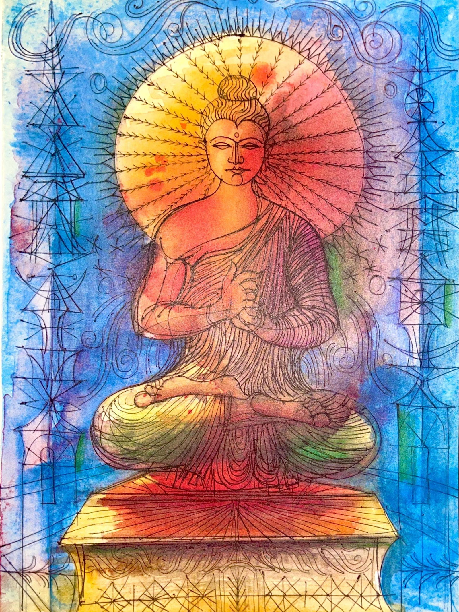 Jean Carzou, Composition, Ce Panorama du Bouddhisme, Limited Edition Lithograph: Lithograph on Grand Bouffant des Papeteries Buhn paper. Paper size: 10.51 x 7.87 inches. Excellent condition. Unsigned and unnumbered, as issued. Notes: From the volume, Ce Panorama du Bouddhisme en