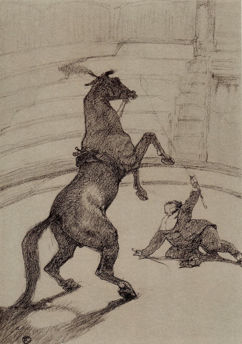 Henri de Toulouse-Lautrec, Cheval pointant, The Circus by Toulouse-Lautrec, Limited Edition: Lithograph on velin paper. Unsigned and unnumbered. Paper Size: 12.125 x 9.25 inches. Excellent condition. Notes: From the album, The Circus by Toulouse-Lautrec, 1952. Published the Paris Book Center,
