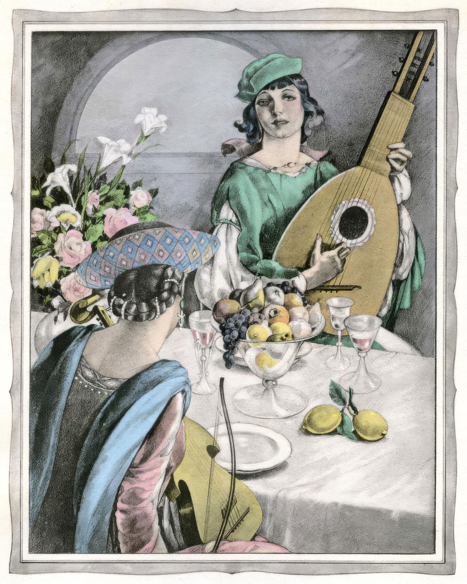 Umberto Brunelleschi, Untitled, from The Tales of Boccaccio, Limited Edition Lithograph and Pochoir,: This exquisite lithograph and pochoir by Umberto Brunelleschi (1879-1949), titled Sans titre (Untitled), originates from the celebrated album Les contes de Boccace (The Tales of Boccaccio), published