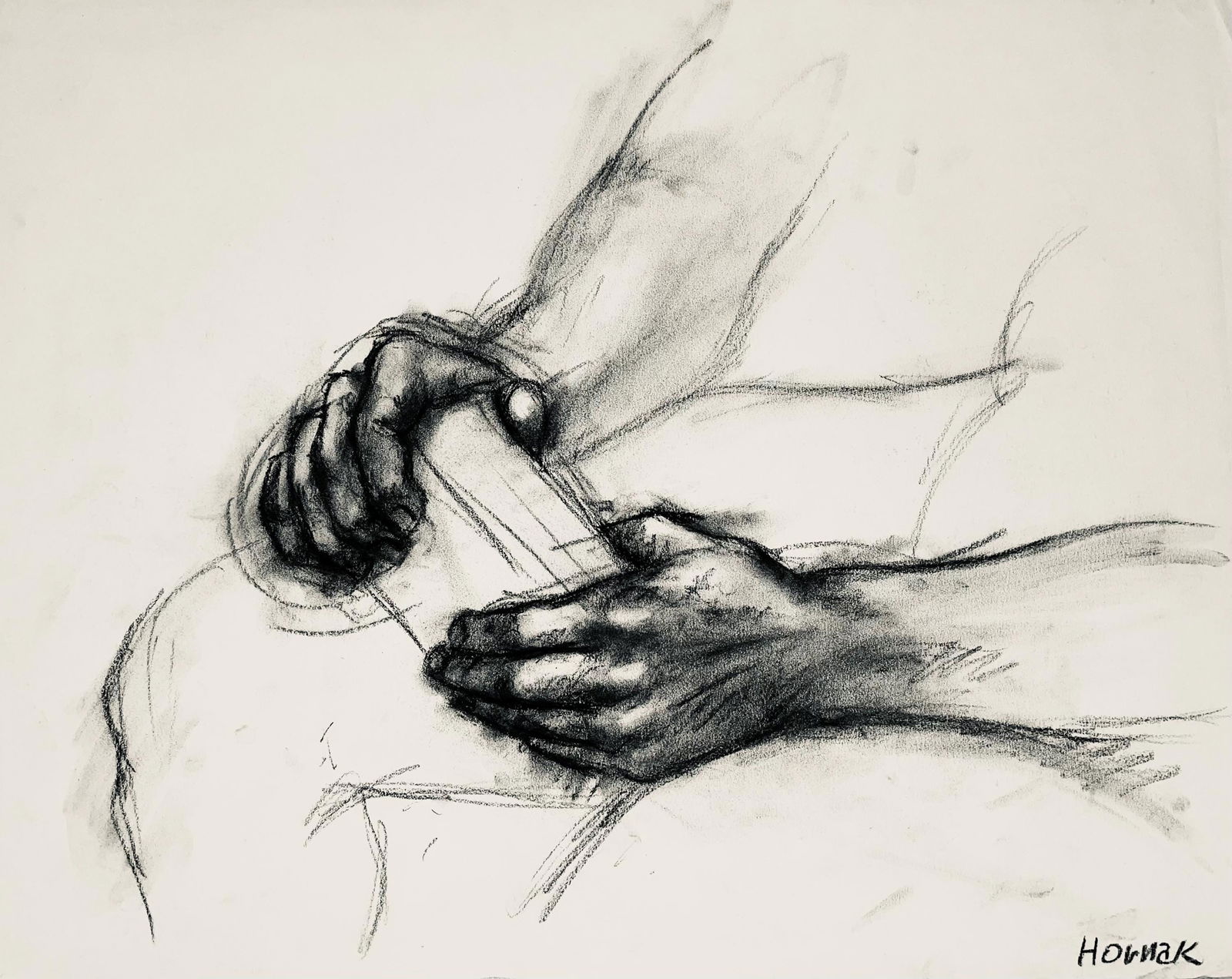Ian Hornak, Renaissance Hand Study, 1964, Original Drawing: Charcoal on velin paper, circa 1964. Paper Size: 18 x 24 inches. Good condition, consistent with age. Inscription: Signed, Estate stamped, verso. Provenance: Estate of Ian Hornak, East Hampton. Notes: