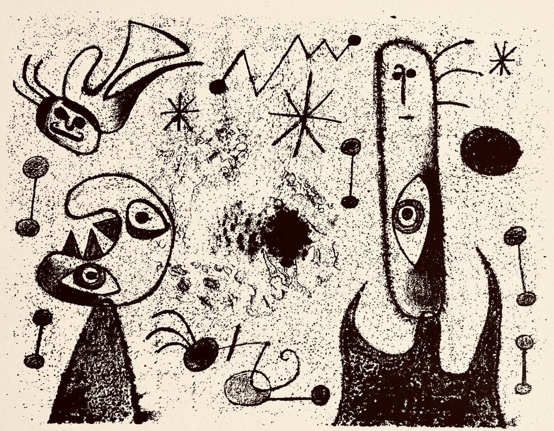 Joan Miro, Composition, The Prints of Joan Miro, Limited Edition Etching: Etching on velin paper. Inscription: Unsigned and unnumbered, as issued. Paper Size: 8.5 x 11 inches. Excellent condition. Notes: From the folio, The Prints of Joan Miro, Fall, 1947. Published by