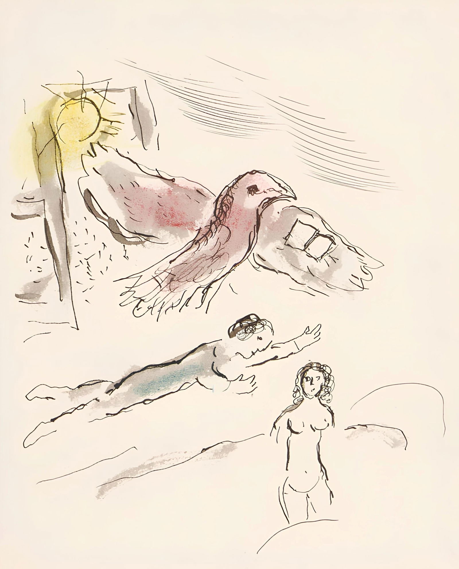 Marc Chagall, Composition, Lettres d'hivernage, Limited Edition Lithograph: Lithograph on velin Mazarine paper. Paper Size: 11 x 9 inches. Excellent condition. Inscription: Unsigned and unnumbered, as issued. Notes: From the album, Lettres d'hivernage, 1973. Published by