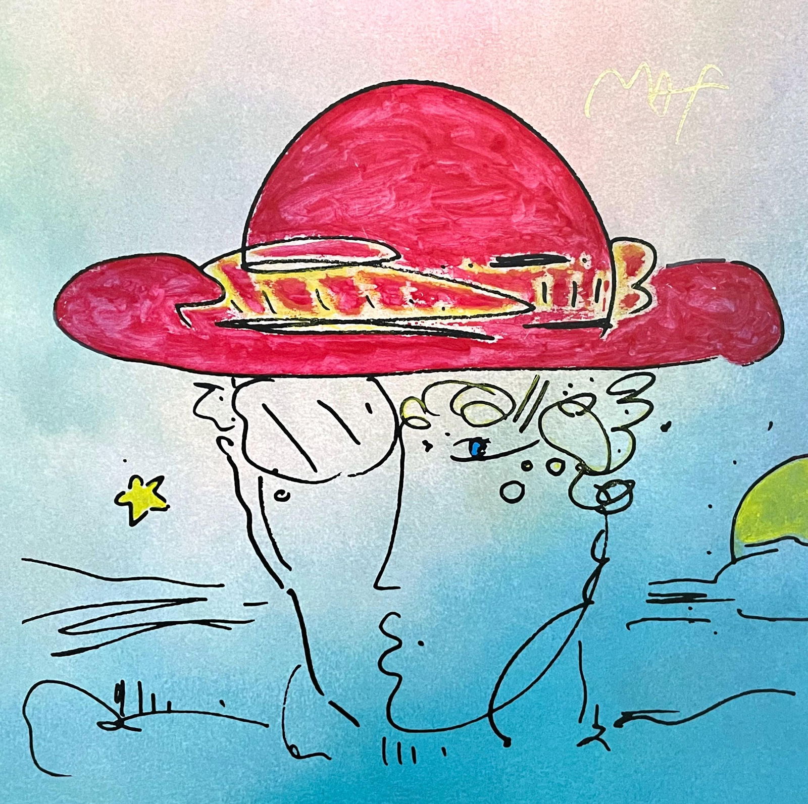 Peter Max, Zero Man/Lady Profile, Hand Signed, Mixed Media Watercolor and Silkscreen Painting: Watercolor and silkscreen on Fabriano velin paper. Paper size: 15 x 15 inches. Inscription: Hand signed in ink, as issued. Condition: Excellent. Notes: Published, printed, and painted by Peter Max, Ne