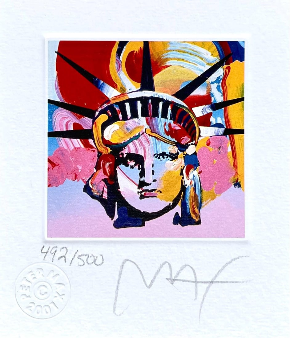 Peter Max, Liberty Head VI, Hand Signed, Official Limited Edition Lithograph: Lithograph in colors on Lustro Saxony paper. Paper size: 3.5 x 3 inches. Inscription: Hand signed by Peter Max and numbered, as issued. Condition: Excellent. Notes: Published and printed by Via Max,
