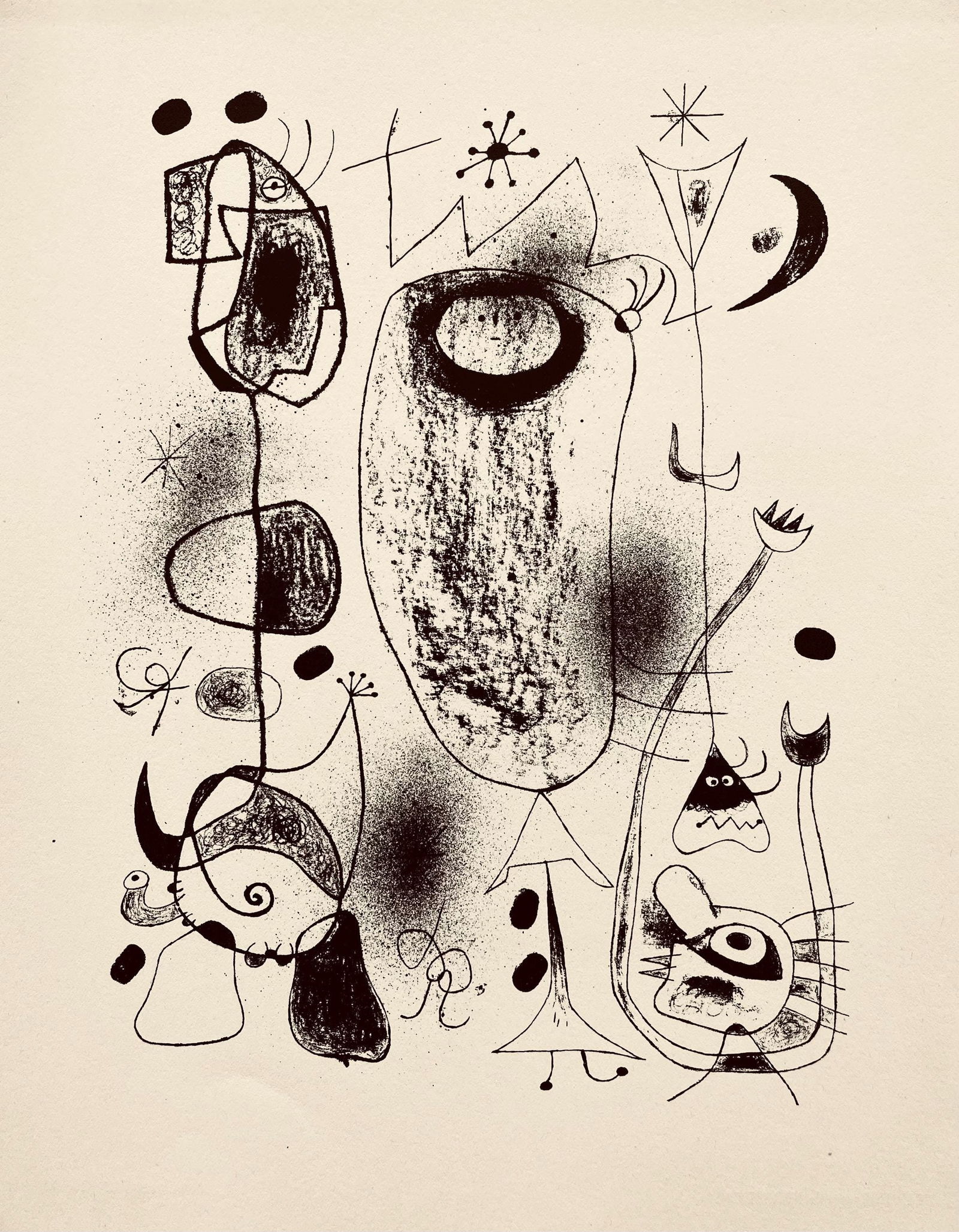 Joan Miro, Composition, The Prints of Joan Miro, Limited Edition Etching: Etching on velin paper. Inscription: Unsigned and unnumbered, as issued. Paper Size: 11 x 8.5 inches. Excellent condition. Notes: From the folio, The Prints of Joan Miro, Fall, 1947. Published by Curt