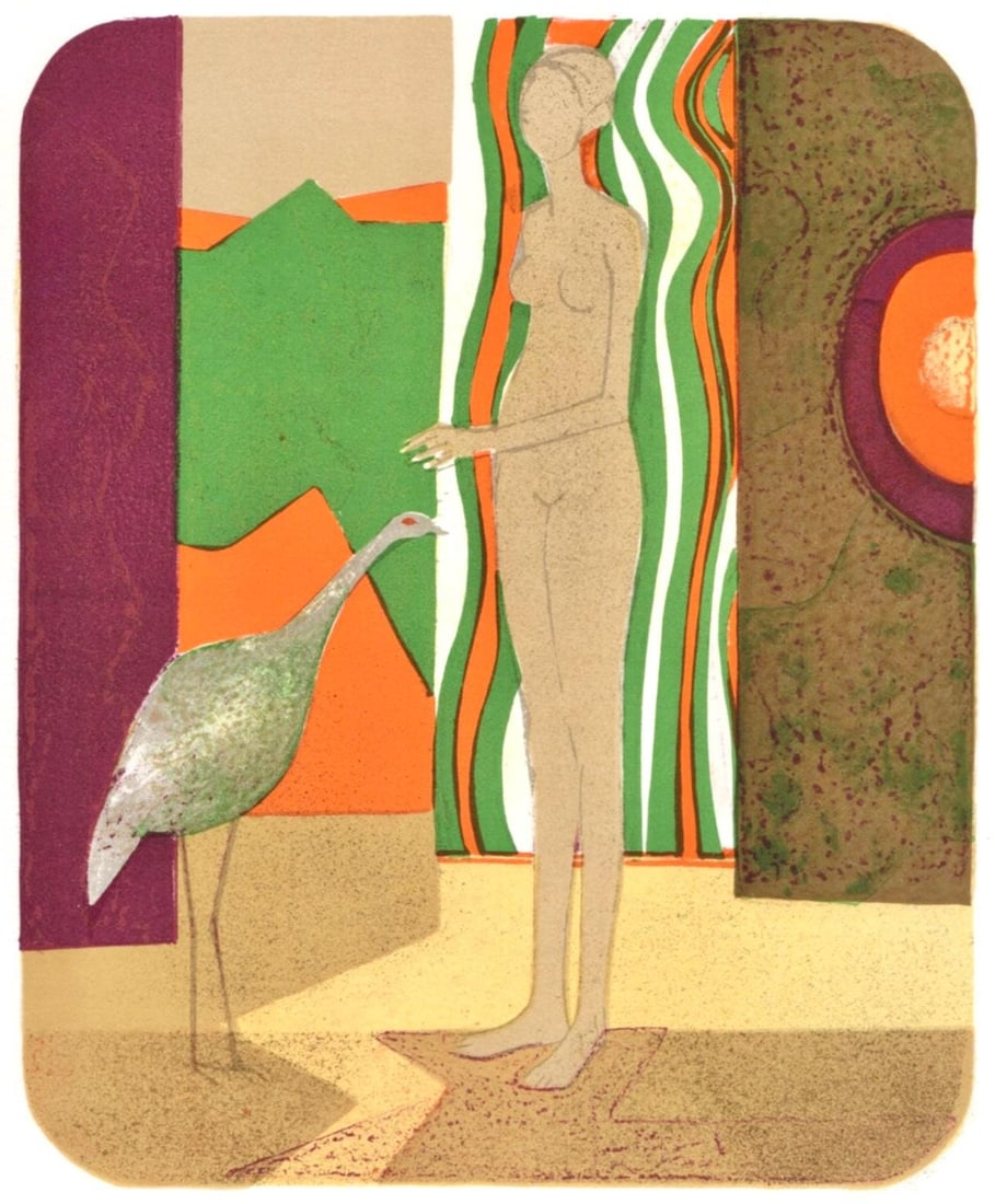 Andre Minaux, La femme et l'oiseau, Souvenirs et Portraits d'Artistes, Limited Edition Lithograph: Lithograph on velin d'Arches paper. Paper Size: 12.81 x 9.81 inches. Inscription: Unsigned and unnumbered, as issued. Condition: Very good/excellent, consistent with age. Notes: From the album, Souven