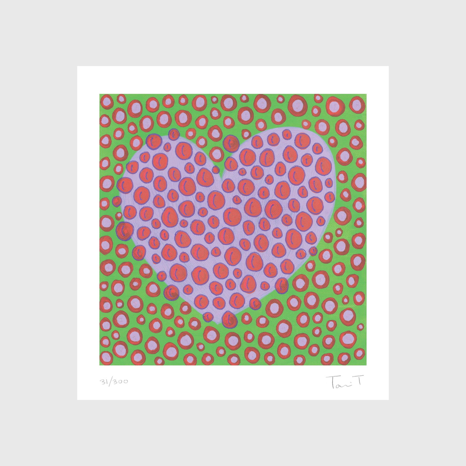 Valentines Day Heart with Dots Art Print, Signed Limited Edition: Artist: Tanvi Thakur (1996) Title: Purple Love, Hearts with Dots Series Year: 2026 Medium: Archival Pigment Print on Paper Edition: 300 Size: 7 x 7.5 inches Inscription: Signed and numbered by the art