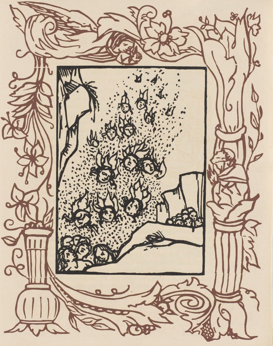 Emile Bernard, Composition (Morane, No. 100), Les Petites Fleurs de St. Francoise, Limited Edition: Wood engraving on verge d'Arches paper. Paper size: 12.8125 x 9.8125 inches. Excellent condition. Unsigned and unnumbered, as issued. Notes: From the volume, Les Petites Fleurs de St. Francois, 1928.