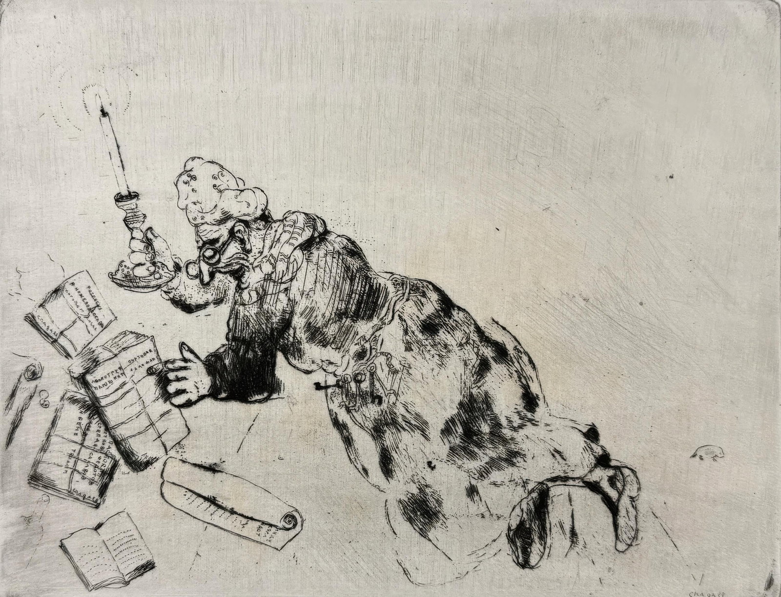 Marc Chagall, Pliouchkine Searching for His Papers, from Dead Souls, Limited Edition Etching,: This exquisite etching by Marc Chagall (1887-1985), titled Pliouchkine a la recherche de ses papiers (Pliouchkine Searching for His Papers), originates from the celebrated folio Nicolas Gogol, Les