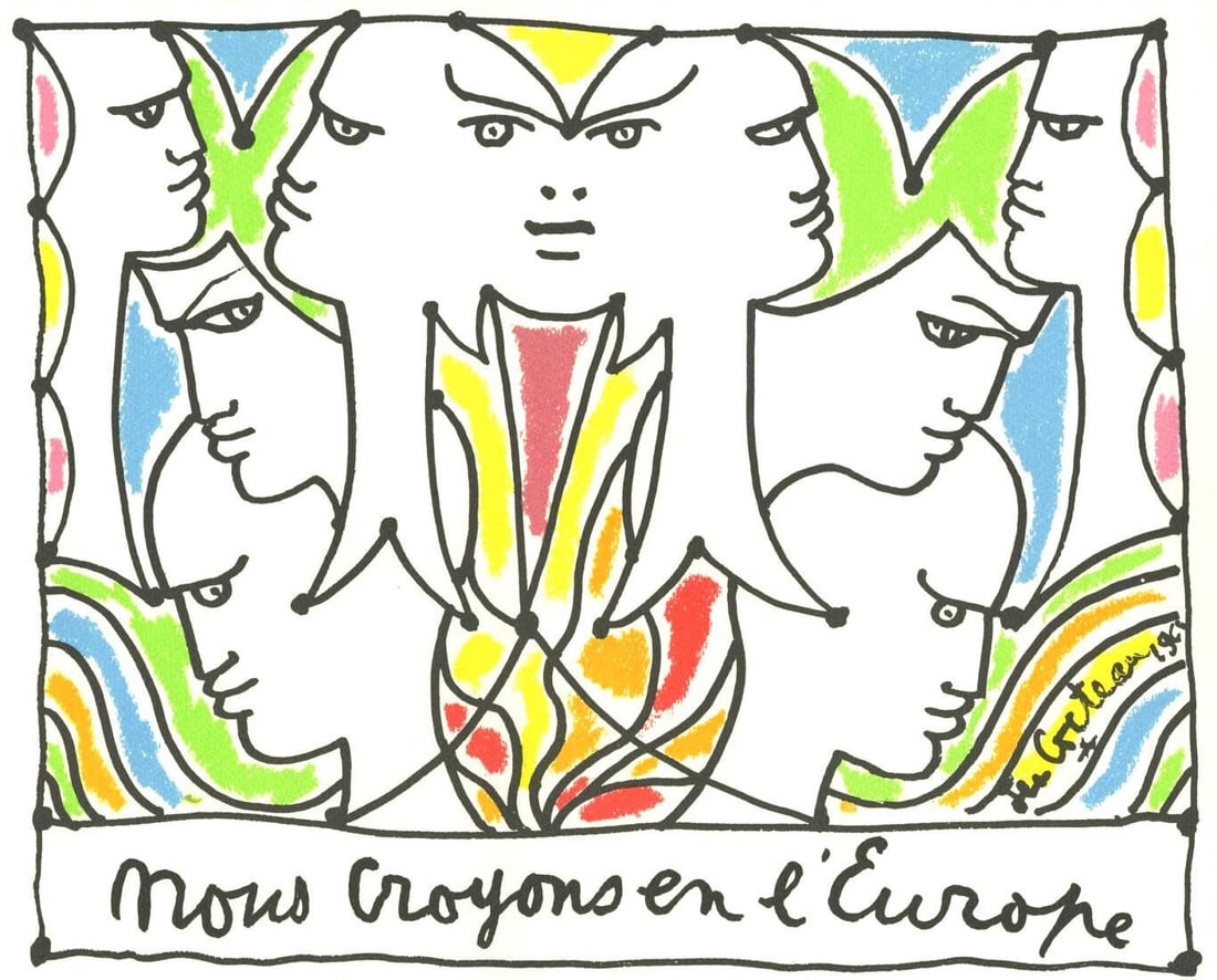 Jean Cocteau, Composition, Nous croyons en l'Europe, Limited Edition Silkscreen: Silkscreen on velin papier Ingres de chez Arjomari-Prioux paper. Paper size: 12.99 x 17.32 inches. Excellent condition. Inscription: signed in the plate and unnumbered, as issued. Notes: from the foli