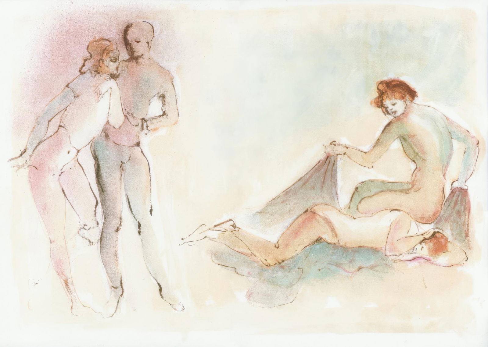 Leonor Fini, Composition, Parallelement, Limited Edition Lithograph, 1969: Lithograph on grand velin d'Arches paper. Paper size: 15.94 x 23.22 inches. Inscription: Unsigned and unnumbered, as issued. Condition: Very good/excellent, consistent with age, with centerfold, as is