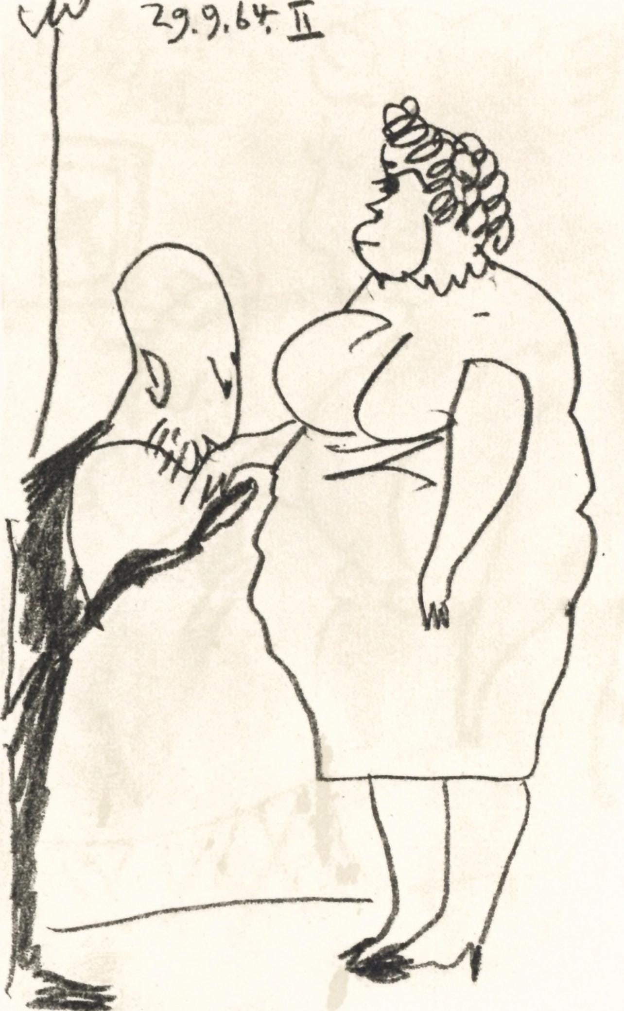 Pablo Picasso, 29.9.64. II (Cramer 148), Le Gout du Bonheur, Limited Edition Mixed Media Lithograph: Lithograph and silkscreen with grease crayon, lithographic tusche, lead pencil, charcoal on velin d'Arches paper. Paper size: 12.8 x 9.84 inches. Inscription: Unsigned and unnumbered, as issued. Catal