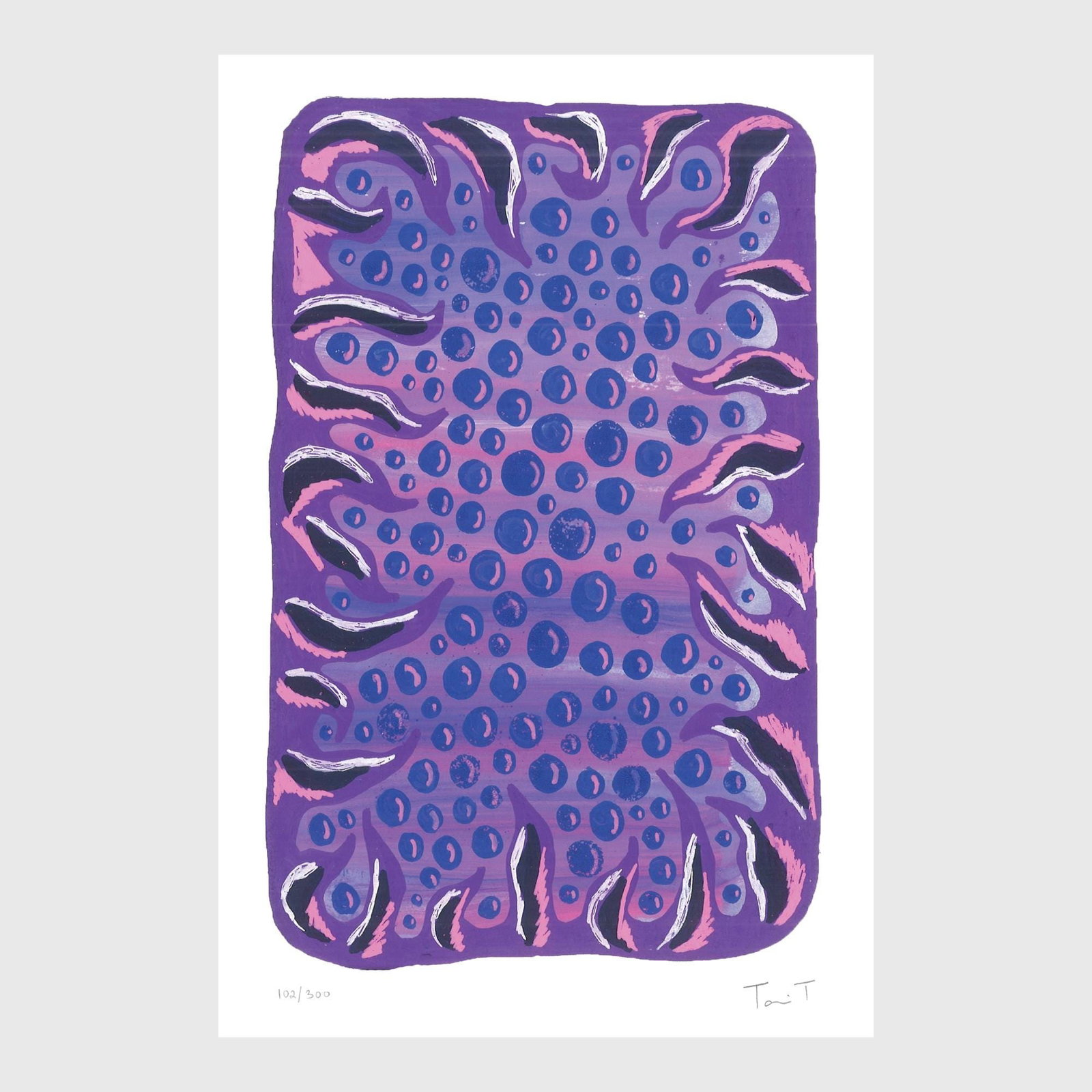 Purple Drops with Blue Dots: Artist: Tanvi Thakur (1996) Title: Purple Drops with Blue Dots, Drops With Dots Series Year: 2025 Medium: Archival Pigment Print on Paper Edition: 300 Size: 8 x 12 inches Inscription: Signed and numbe