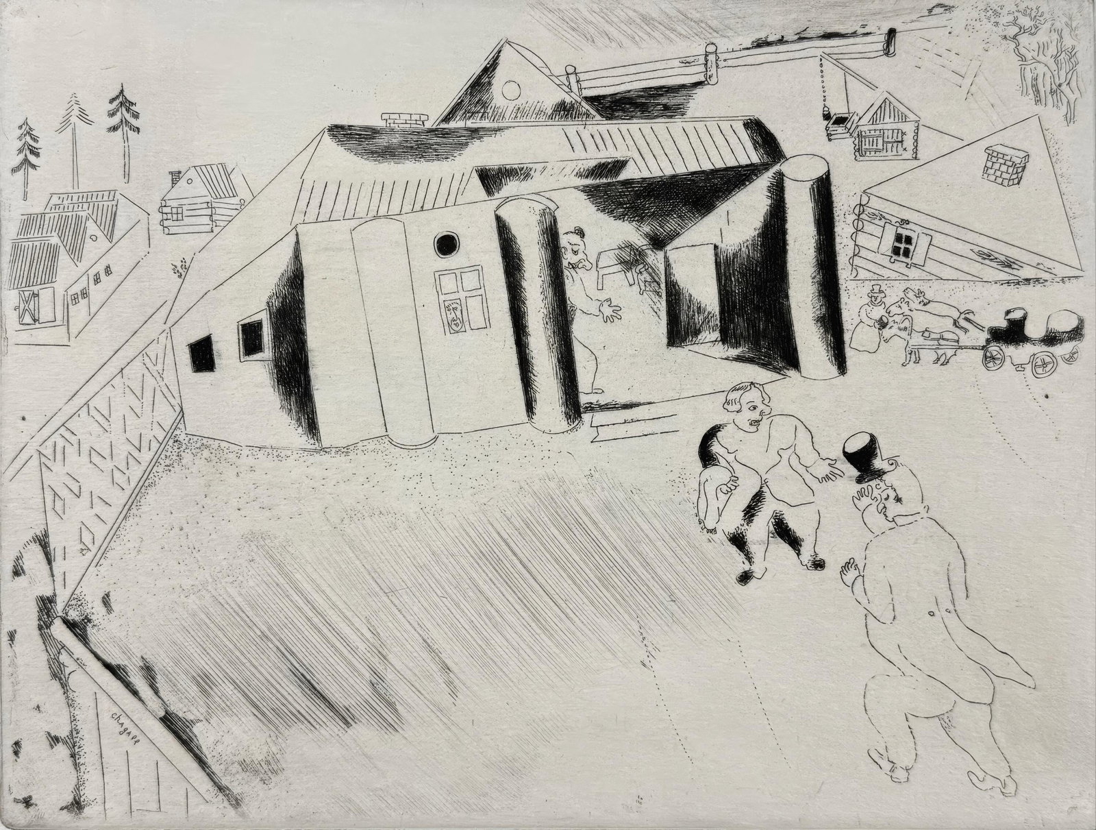 Marc Chagall, The Dreams of Tchitchikov, from Dead Souls, Limited Edition Etching, 1923-1927: This exquisite etching by Marc Chagall (1887-1985), titled La Maison de Sobakevitch (The House of Sobakevitch), originates from the celebrated folio Nicolas Gogol, Les Ames mortes, Eaux-fortes origina