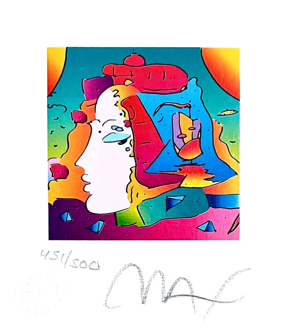 Peter Max, Cosmic Profile, Hand Signed, Official Limited Edition Lithograph: Lithograph in colors on Lustro Saxony paper. Paper size: 3.5 x 3 inches. Inscription: Hand signed by Peter Max and numbered, as issued. Condition: Excellent. Notes: Published and printed by Via Max, I