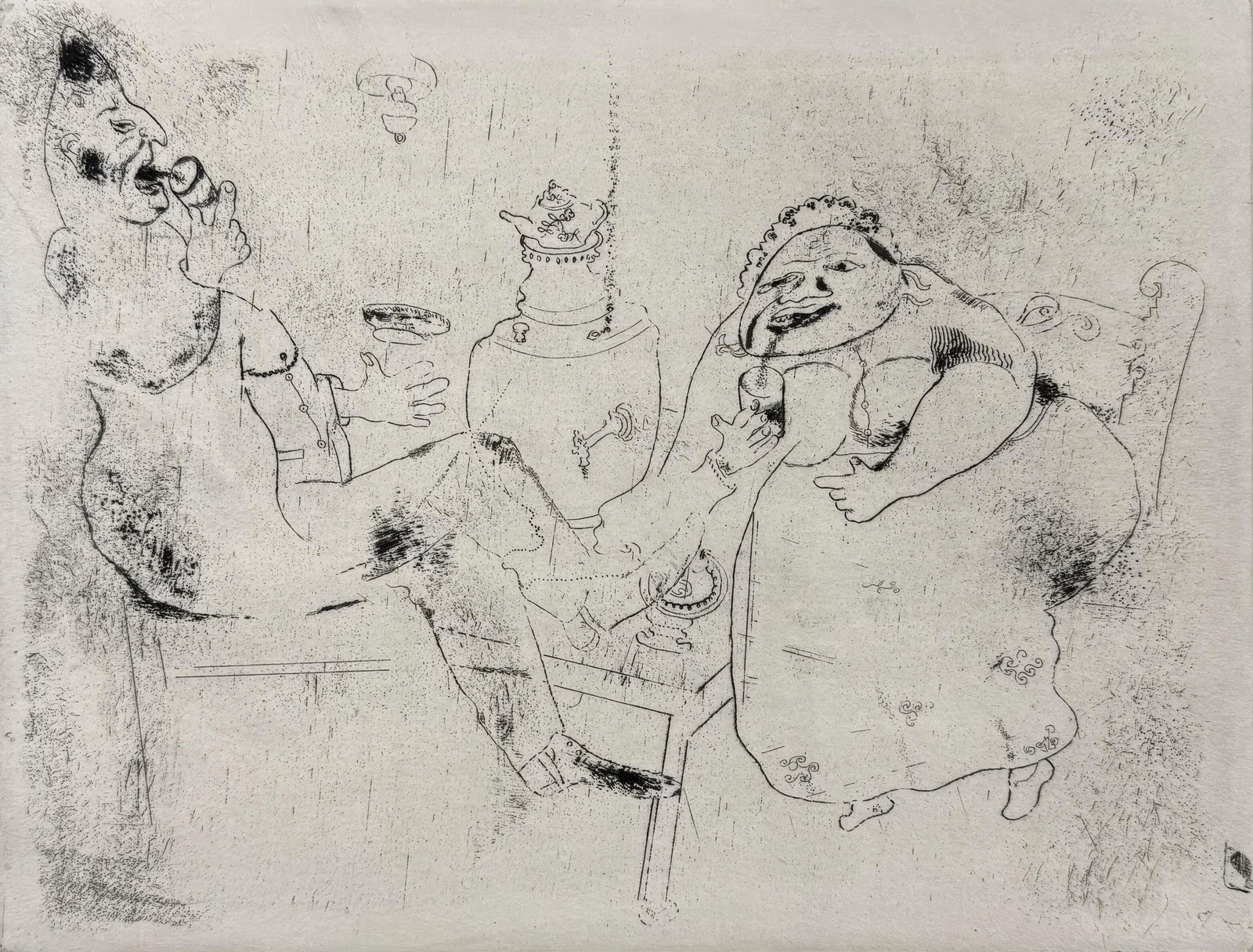 Marc Chagall, Morning Tea, from Dead Souls, Limited Edition Etching, 1923-1927: This exquisite etching by Marc Chagall (1887-1985), titled Le the du matin (Morning Tea), originates from the celebrated folio Nicolas Gogol, Les Ames mortes, Eaux-fortes originales de Marc Chagall (N