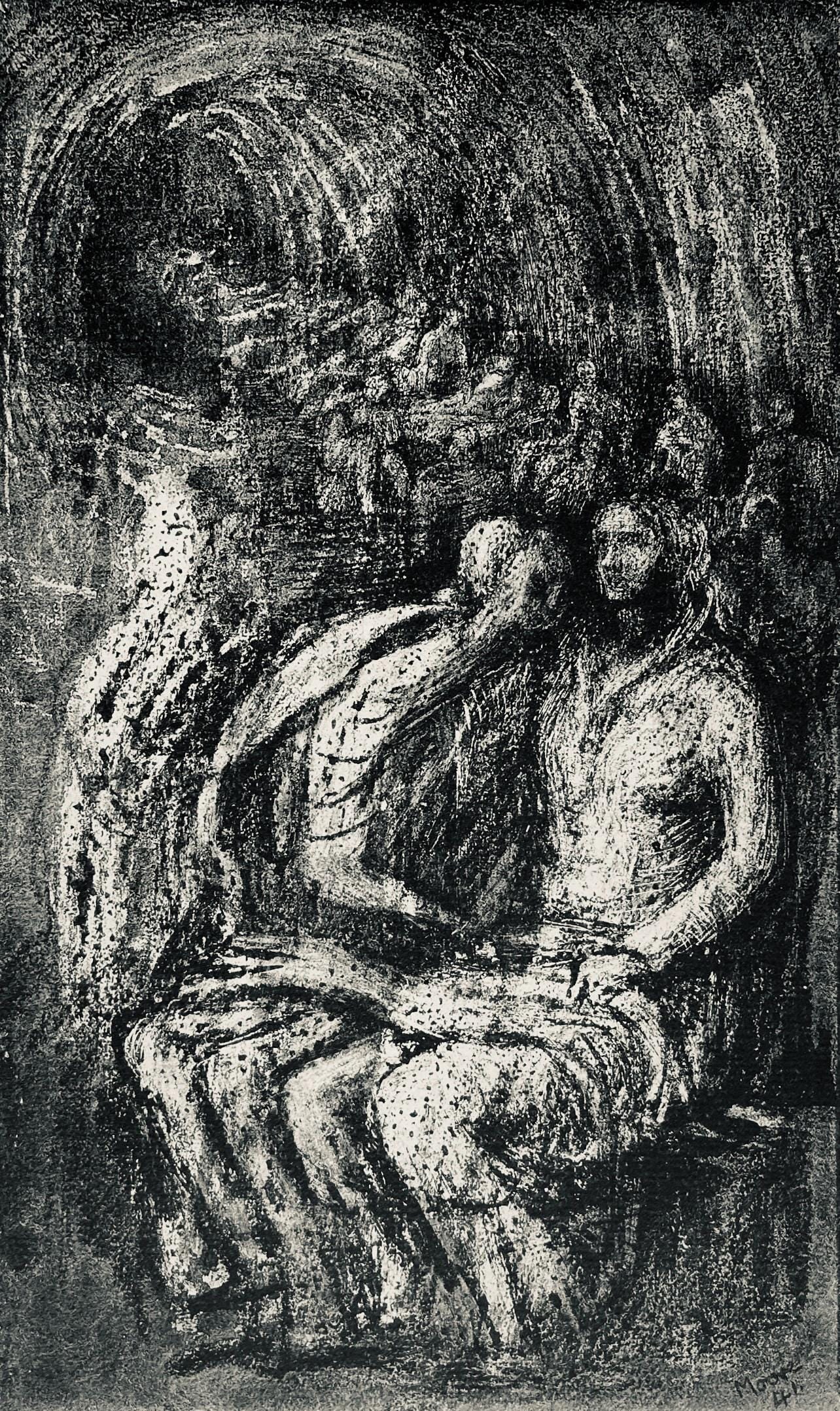 Henry Moore, Seated Women in a Tube Shelter, The Drawings of Henry Moore, Limited Edition Lithograph: Lithograph on velin paper. Paper size: 13.5 x 12.5 inches. Excellent condition. Unsigned and unnumbered, as issued. Notes: From the folio, The Drawings of Henry Moore, 1946. Published by Curt Valentin