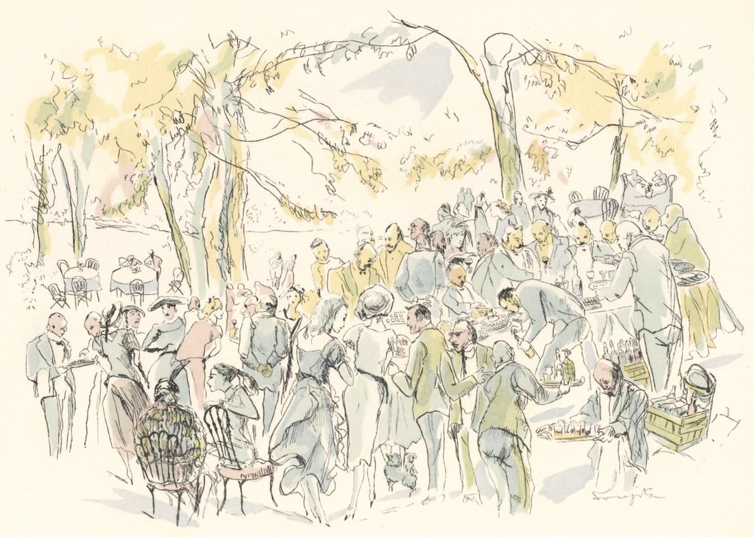 Leonard Tsugouharu Foujita (?? ??), Garden Party, Vins, Fleurs et Flammes, Limited Edition: Lithograph and Stencil on grand velin d'Arches special paper. Unsigned and unnumbered. Paper Size: 12.75 x 10 inches. Excellent condition. Notes: From the volume, Vins, Fleurs et Flammes, 1956. Publis