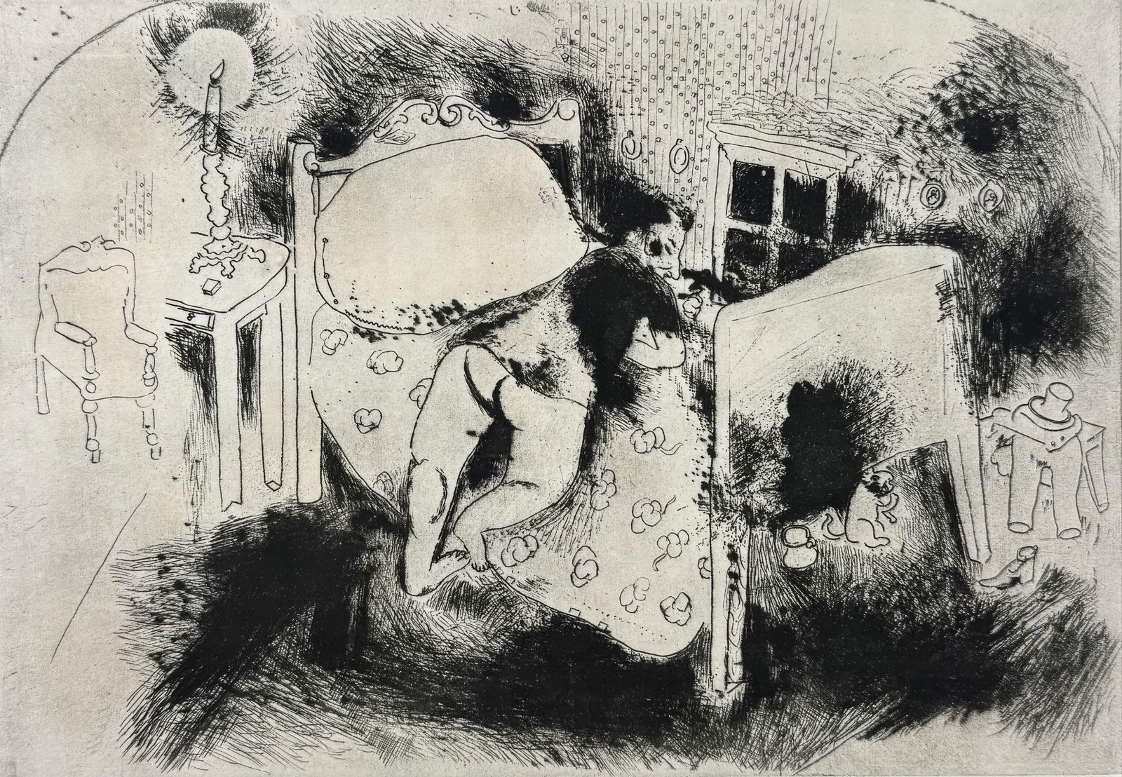 Marc Chagall, Tchitchikov on the Bed, from Dead Souls, Limited Edition Etching, 1923-1927: This exquisite etching by Marc Chagall (1887-1985), titled Tchitchikov sur le lit (Tchitchikov on the Bed), originates from the celebrated folio Nicolas Gogol, Les Ames mortes, Eaux-fortes originales