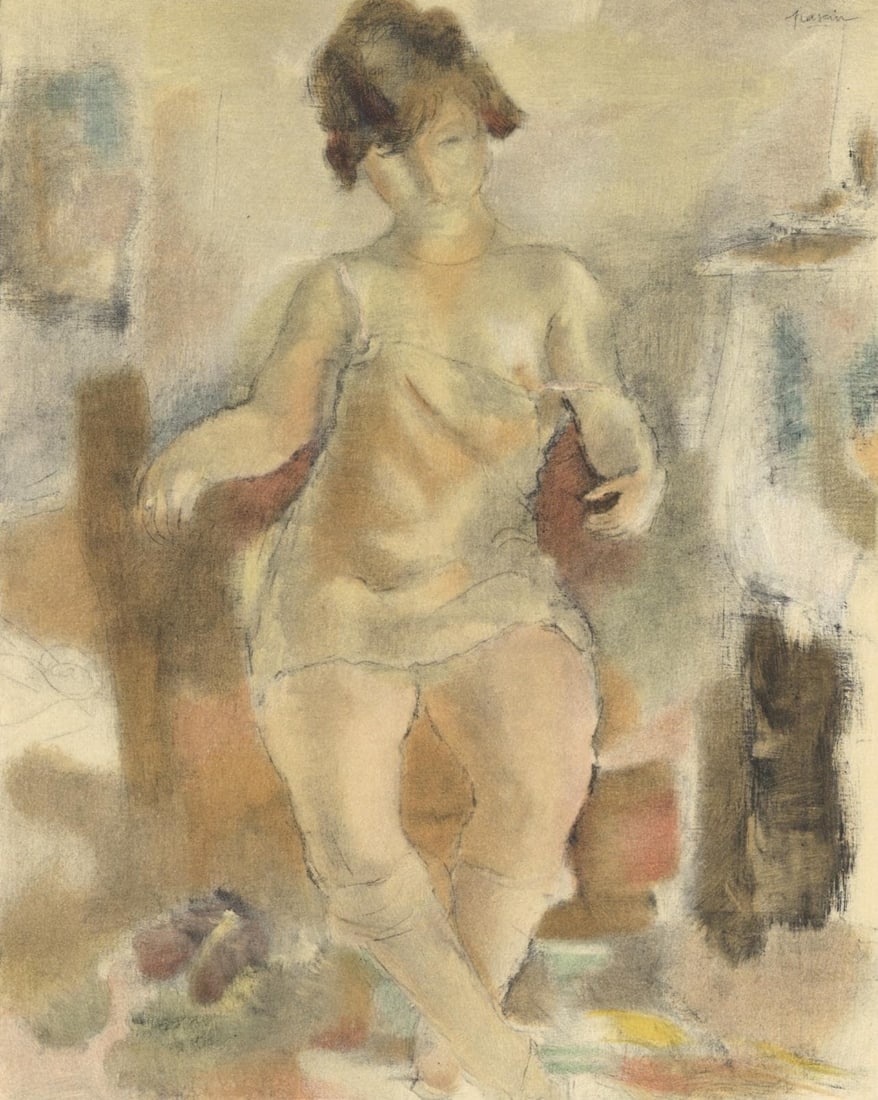 Jules Pascin, Nu a la chemisette rose, Pascin, Limited Edition Lithograph: Lithograph on grand velin Renage paper. Paper size: 12.25 x 9.5 inches. Excellent condition. Inscription: Signed in the plate and unnumbered, as issued. Notes: From the album, Pascin, 1954. Published