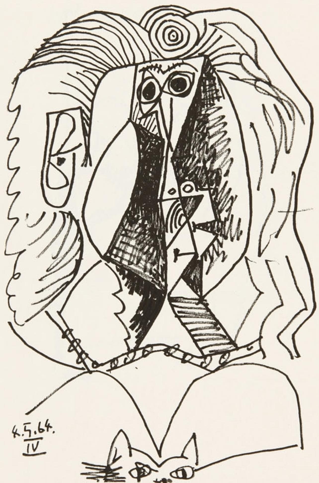 Pablo Picasso, 4.5.64. IV (Cramer 148), Le Gout du Bonheur, Limited Edition Mixed Media Lithograph: Lithograph and silkscreen with grease crayon, lithographic tusche, lead pencil, and charcoal on velin d'Arches paper. Paper Size: 13 x 9.75 inches. Excellent condition. Inscription: Unsigned and unnum