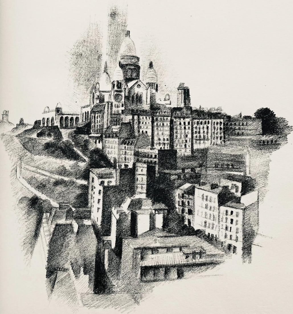 Robert Delaunay, La butte Montmartre et le Sacre-Cœur (Habasque 720-728), Allo! Paris!, Limited: Lithograph on velin d'Arches paper. Paper Size: 11 x 9 inches. Excellent condition. Inscription: Unsigned and unnumbered, as issued. Notes: From the volume, Allo! Paris!, 1926. Published by Editions