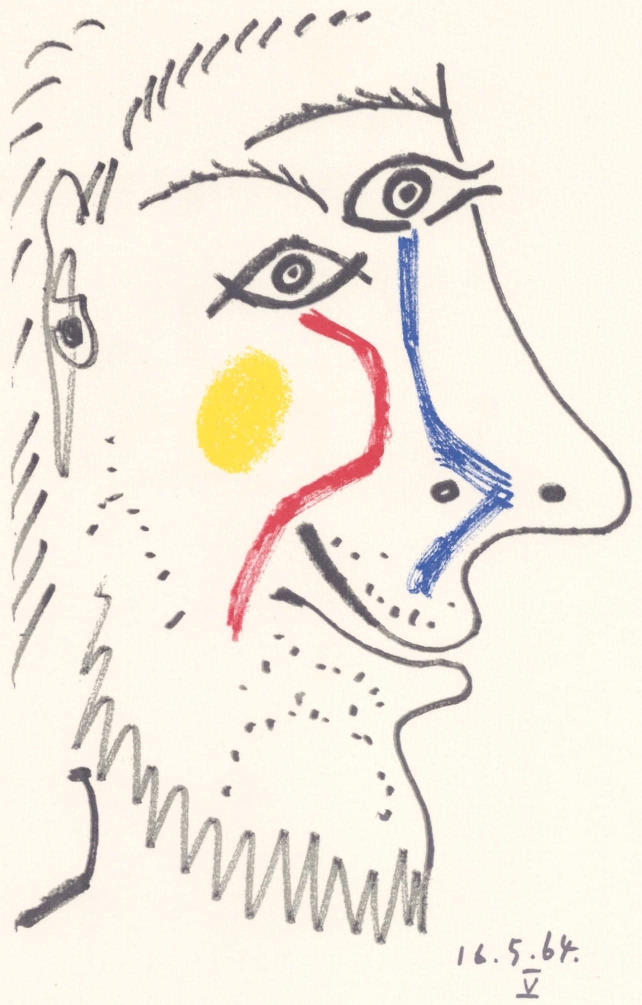 Pablo Picasso, Picasso, 16.5.64. V (Cramer 148), Le Gout du Bonheur, Limited Edition Mixed Media: Lithograph and silkscreen with grease crayon, lithographic tusche, lead pencil, charcoal on velin d'Arches paper. Paper size: 12.8 x 9.84 inches. Inscription: Unsigned and unnumbered, as issued. Catal