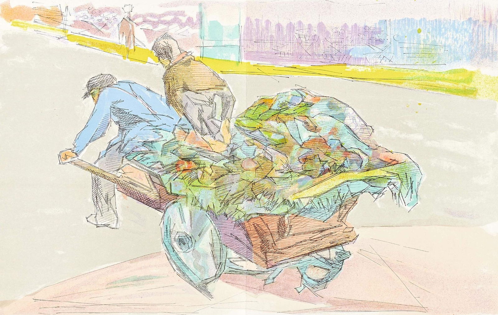 Jacques Villon, Marchands Quatres Saisons, Regards sur Paris, Limited Edition Lithograph: Lithograph on velin d'Arches paper. Paper size: 15.5 x 24 inches. Excellent condition, with centerfold, as issued. Inscription: unsigned and unnumbered, as issued. Notes: from the folio, Regards sur