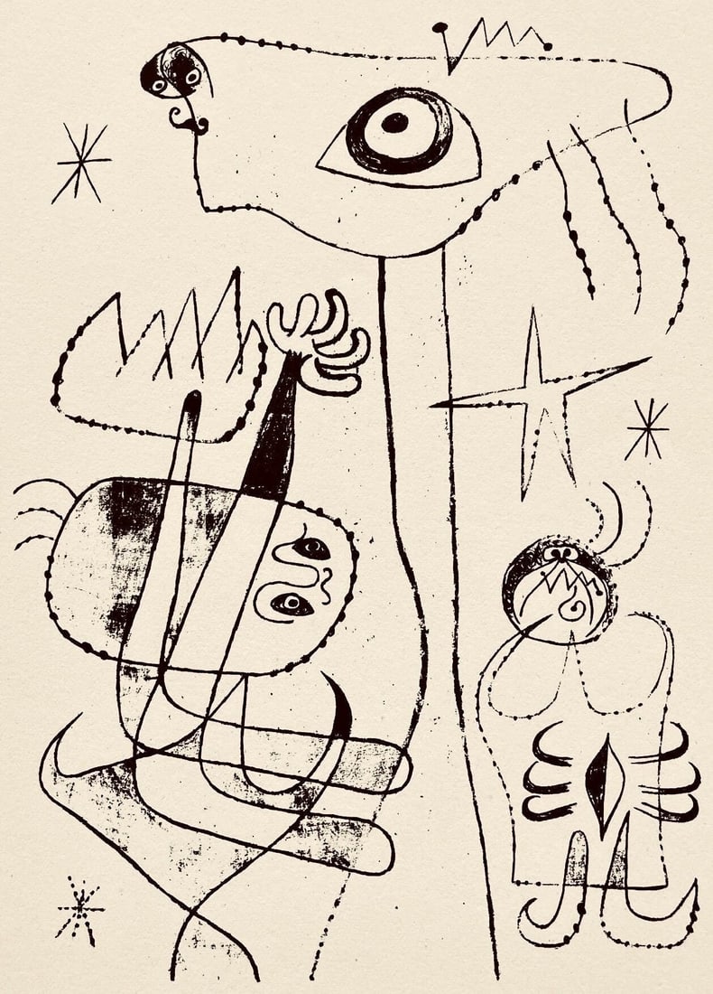 Joan Miro, Composition, The Prints of Joan Miro, Limited Edition Etching: Etching on velin paper. Inscription: Unsigned and unnumbered, as issued. Paper Size: 11 x 8.5 inches. Excellent condition. Notes: From the folio, The Prints of Joan Miro, Fall, 1947. Published by Curt