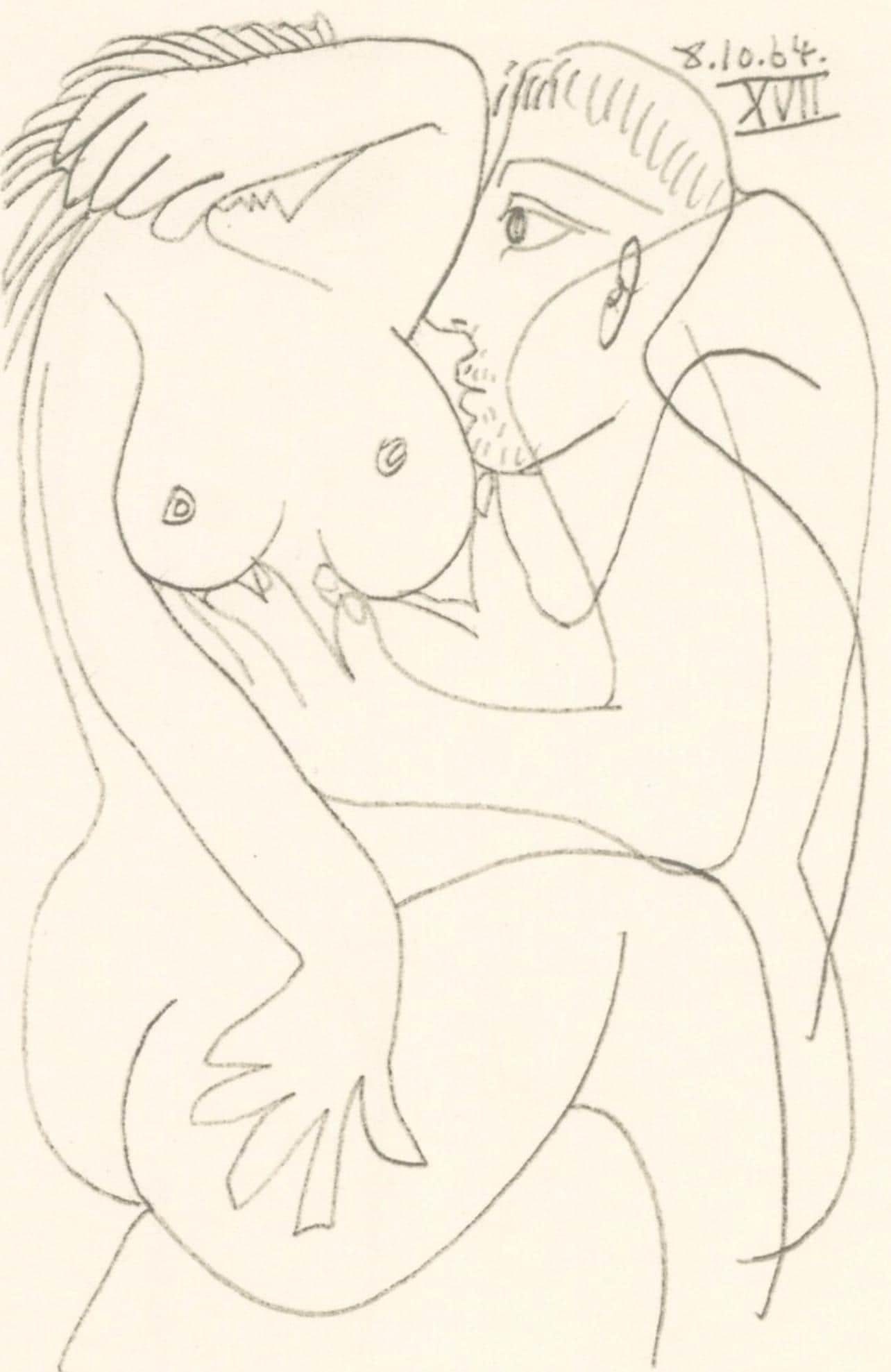 Pablo Picasso, 8.10.64. XVII (Cramer 148), Le Gout du Bonheur, Limited Edition Mixed Media: Lithograph and silkscreen with grease crayon, lithographic tusche, lead pencil, charcoal on velin d'Arches paper. Paper size: 12.8 x 9.84 inches. Inscription: Unsigned and unnumbered, as issued. Catal