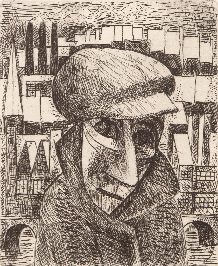 Marcel Gromaire, Composition, Vers un monde volage, Limited Edition Etching: Etching on velin d'Arches paper. Paper size: 11 x 8.75 inches. Excellent condition. Inscription: Unsigned and unnumbered, as issued. Notes: From the album, Vers un monde volage. Illustre de dix