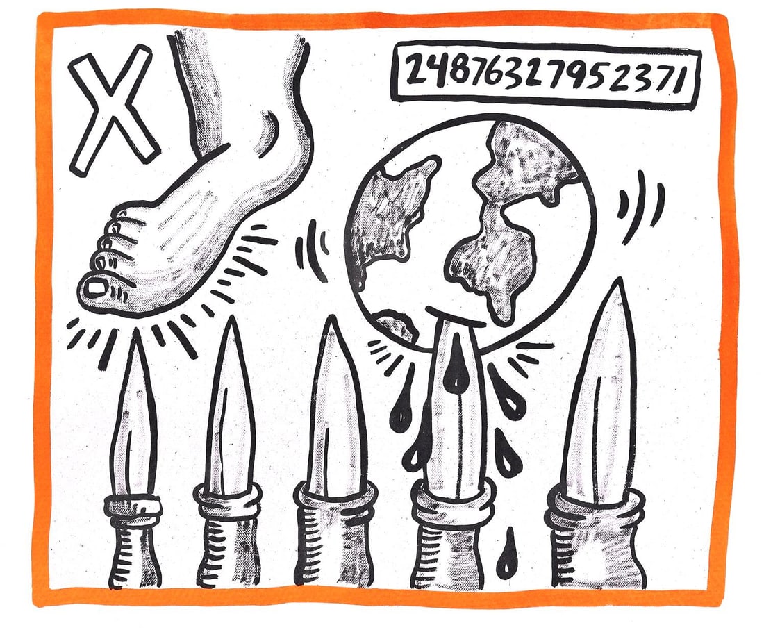 Keith Haring, Composition, Against All Odds, Limited Edition Lithograph: Lithograph on acid-free Rivoli paper. Paper Size: 8.5 x 10.3 inches. Inscription: Unsigned and unnumbered, as issued. Condition: Very good/excellent, consistent with age. Notes: From the album, Agains