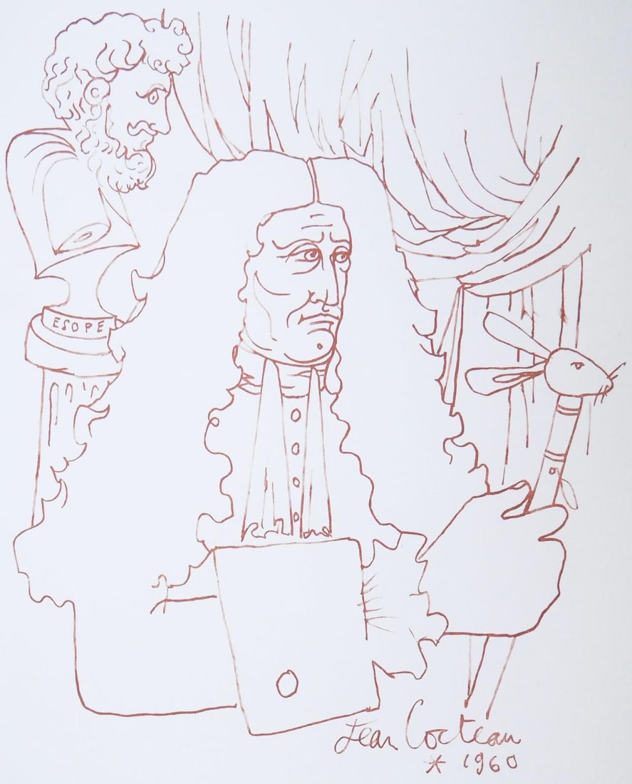 Jean Cocteau, Hommage a Jean de la Fontaine, Vingt fables de La fontaine, Limited Edition Woodcut: Woodcut on velin d'Arches paper. Paper size: 15 x 10.75 inches. Excellent condition. Inscription: signed in the plate and unnumbered, as issued. Notes: from the folio, Vingt fables de La fontaine, 196