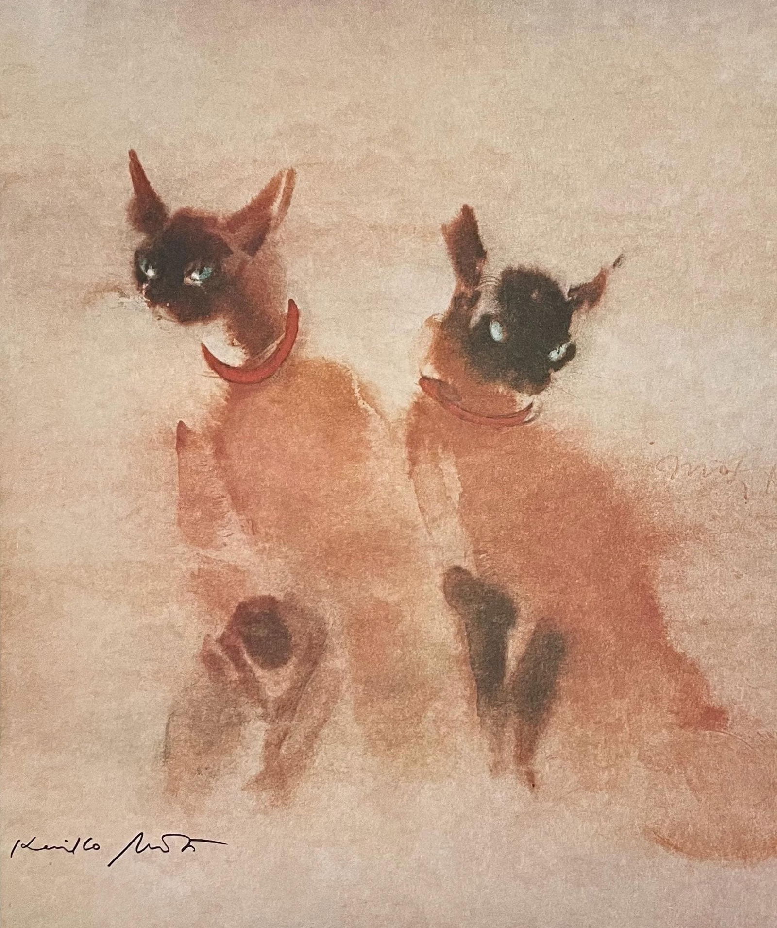 Kaiko Moti, Siamese Cats, Original Edition Offset Lithograph: Offset lithograph on archival paper. Paper size: 28 x 24 inches. Excellent condition. Inscription: Signed in the plate and unnumbered, as issued. Notes: From Published and printed by Touchstone Publis