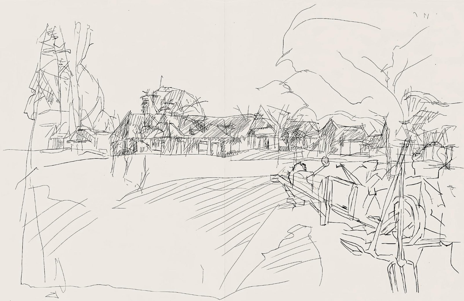 Jacques Villon, Composition (Ginestet/Pouillon 42-64), Hesiode, Les Travaux et les Jours, Limited: Etching on velin de Rives paper. Paper size: 15.75 x 24 inches. Excellent condition, with centerfold, as issued. Unsigned and unnumbered, as issued. Notes: From the folio, Hesiode, Les Travaux et les