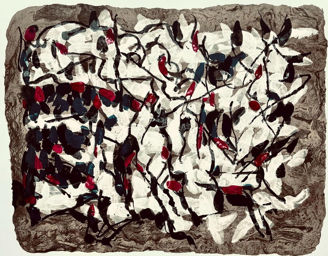 Jean-Paul Riopelle, Composition, Derriere le miroir, Limited Edition Lithograph: Lithograph on velin paper. Paper size: 15 x 22 inches. Excellent condition, with centerfold, as issued. Inscription: Unsigned and unnumbered, as issued. Notes: From Derriere le miroir, N deg 160, 1966