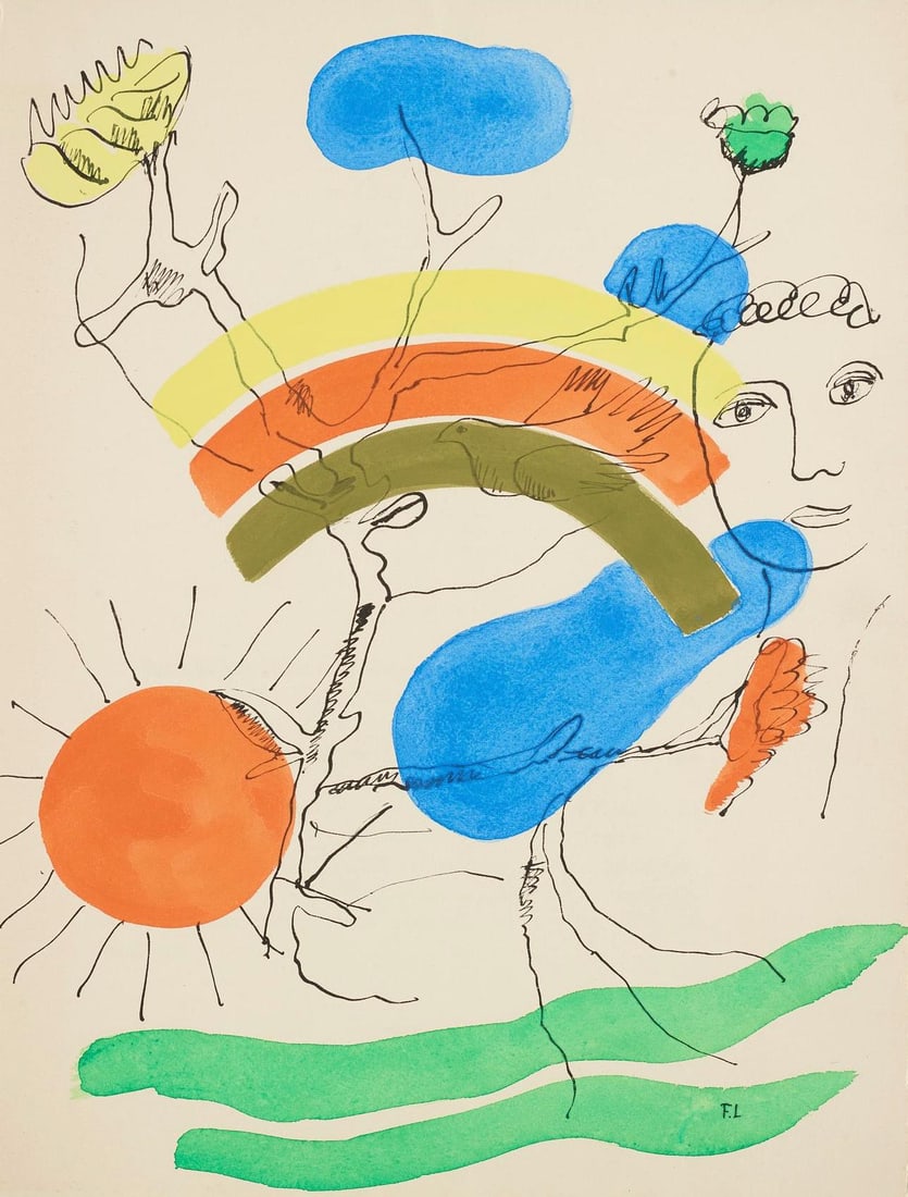 Fernand Leger, Composition (Saphire 24-38), Les Illuminations, Limited Edition Lithograph: Lithograph on papier velin teinte, fait a la main paper. Paper size: 13 x 9.75 inches. Excellent condition. Inscription: Unsigned and unnumbered, as issued. Notes: From the folio, Les Illuminations,