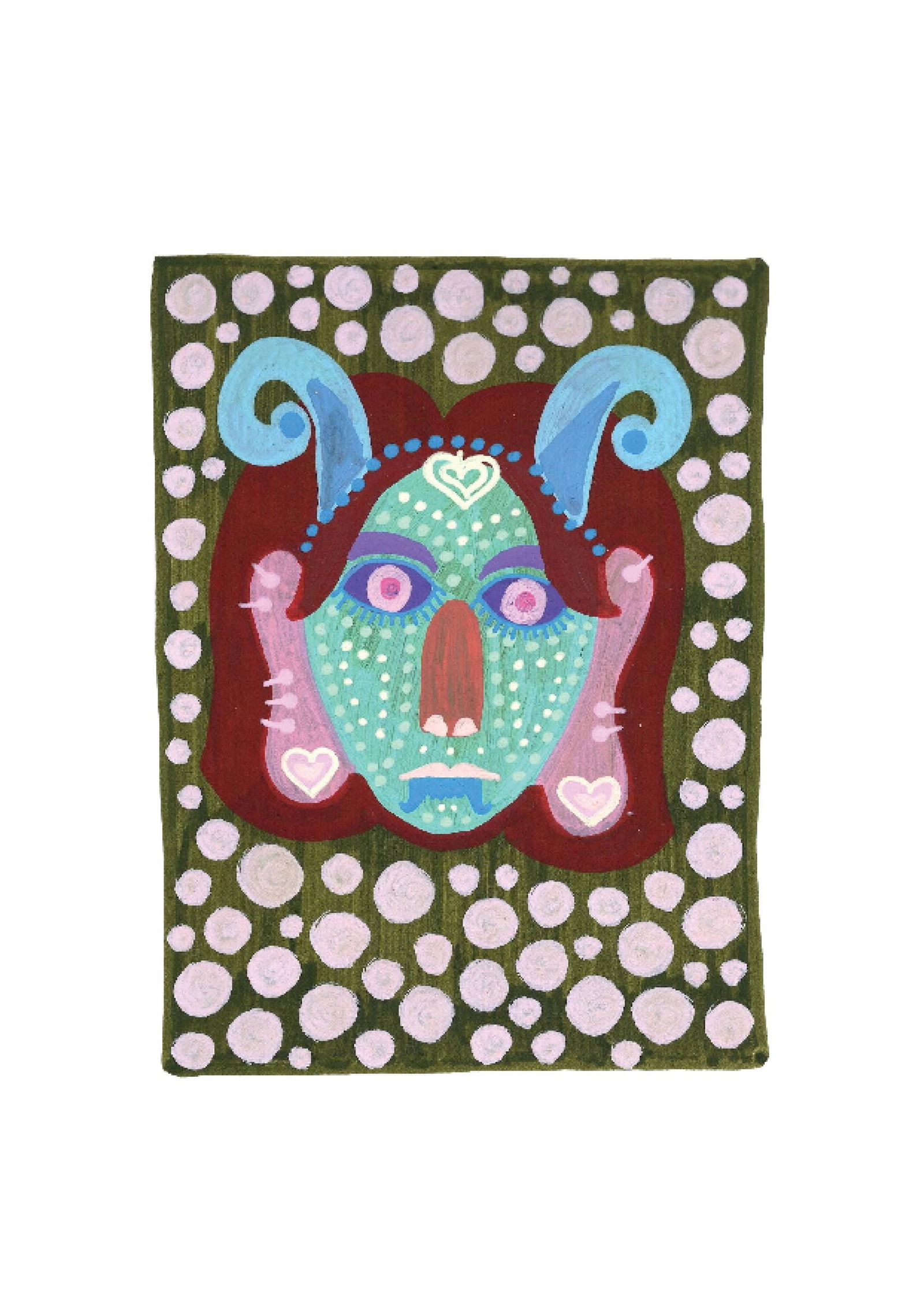 Evil Eye Mask 24: Inspired by the South Indian Drishti Bommai mask; a protective talisman traditionally represented as a doll; this artwork draws from a visual language widely seen across South India. These figures are