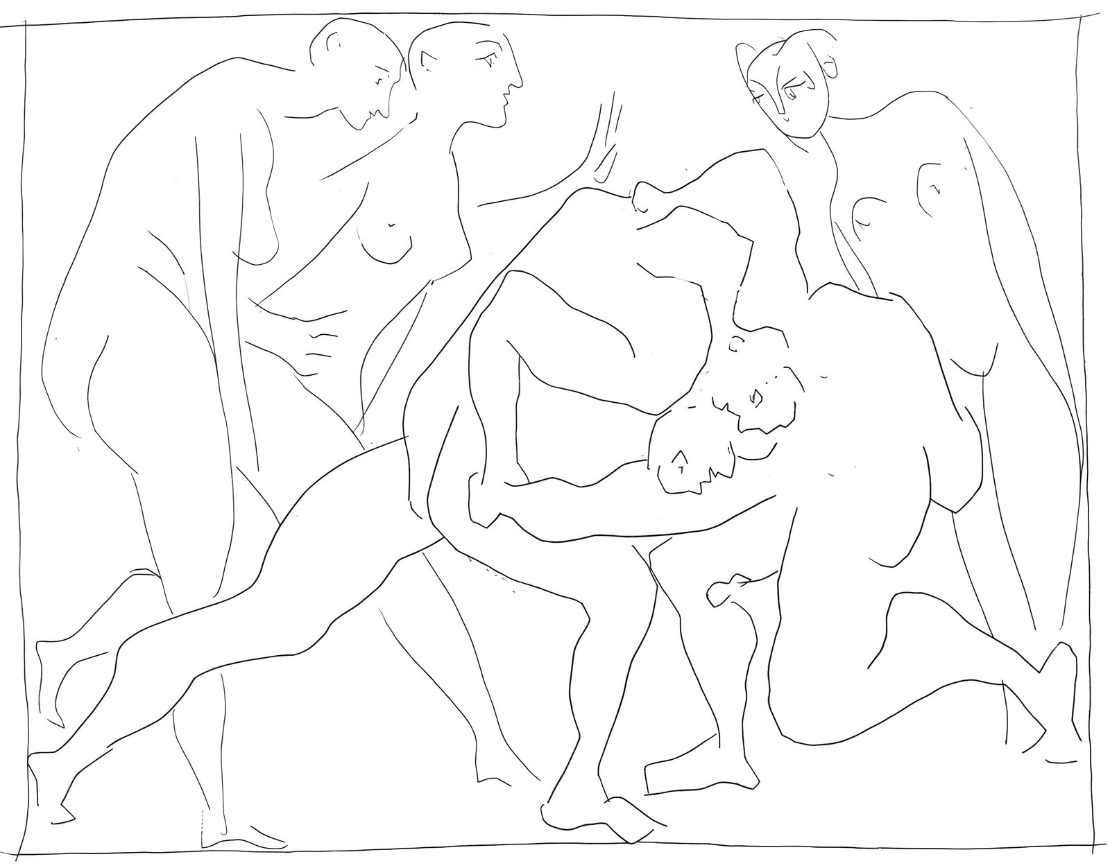 Pablo Picasso, Deux lutteurs observes par trois femmes nues, Les Metamorphoses, Limited Edition: Lithograph on velin papier Verge fin blanc des papeteries de Bellerive paper. Paper size: 11.02 x 8.66 inches; image size: 4.4 x 5.7 inches. Inscription: Unsigned and unnumbered, as issued.