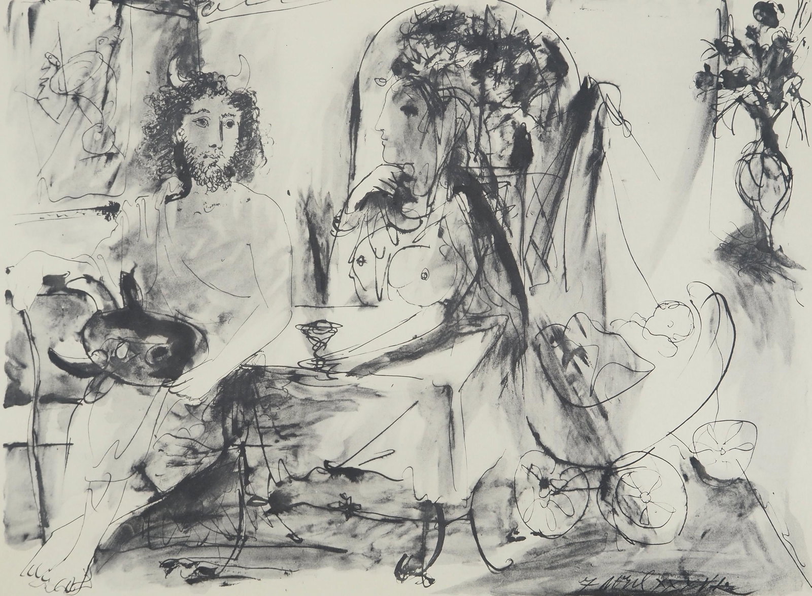 Pablo Picasso, Composition (Orozco 238), Picasso, La flute double, Limited Edition Lithograph: Lithograph and stencil on papier a la cuve du moulin Richard de Bas paper, specialement filigrane pour cette edition. Paper size: 16.5 x 22.5 inches. Excellent condition. Unsigned and unnumbered, as i