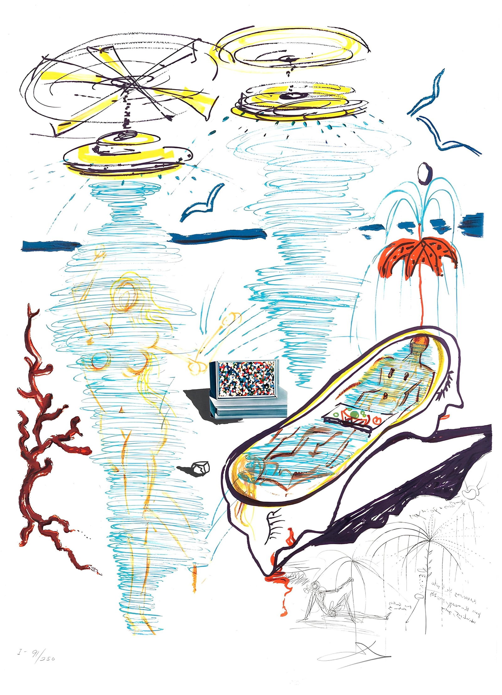 Salvador Dali, Baignoire a tornade liquide (M/L 822-831; Field 75-13), Imaginations et Objets du: Lithograph, silkscreen, drypoint, and collage on velin de Rives BFK paper. Paper Size: 28.5 x 21 inches. Inscription: hand signed and numbered, as issued. Catalogue raisonne references: Dali, Salvador