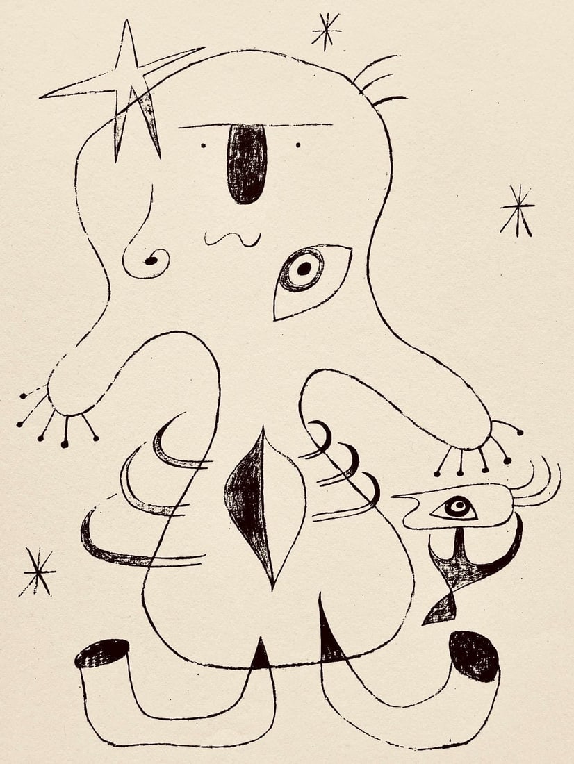 Joan Miro, Composition, The Prints of Joan Miro, Limited Edition Etching: Etching on velin paper. Inscription: Unsigned and unnumbered, as issued. Paper Size: 11 x 8.5 inches. Excellent condition. Notes: From the folio, The Prints of Joan Miro, Fall, 1947. Published by Curt