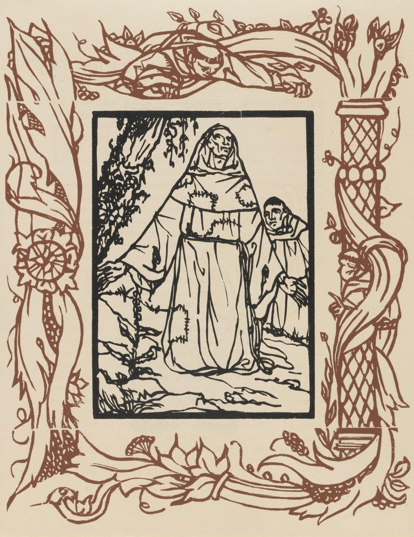 Emile Bernard, Composition (Morane, No. 100), Les Petites Fleurs de St. Francoise, Limited Edition: Wood engraving on verge d'Arches paper. Paper size: 12.8125 x 9.8125 inches. Excellent condition. Unsigned and unnumbered, as issued. Notes: From the volume, Les Petites Fleurs de St. Francois, 1928.