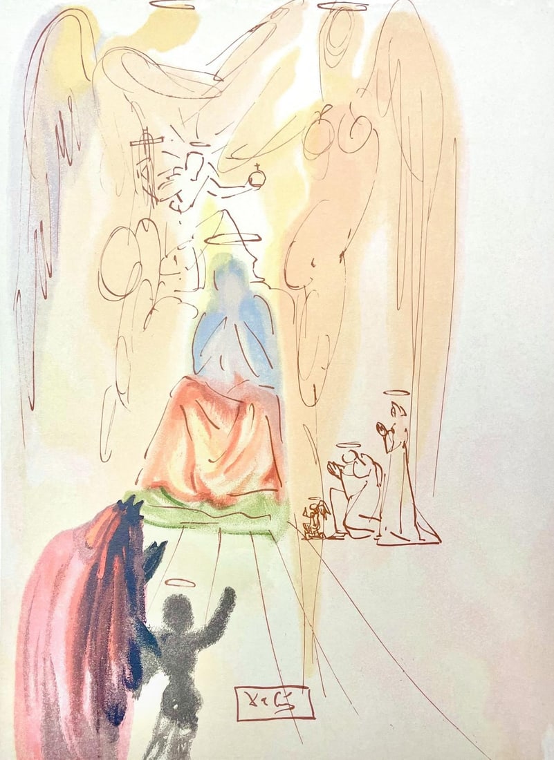 Salvador Dali, Paradies XXIII (Michler/Lopsinger 1039-1138; Field 189-200), Die Gottliche Komodie,: Woodcut in colors on velin de Rives BFK paper, mounted on velin d'Arches support, as issued. Paper size: 13 x 10.375 inches. Inscription: Signed in the block, and unnumbered, as issued. Catalogue