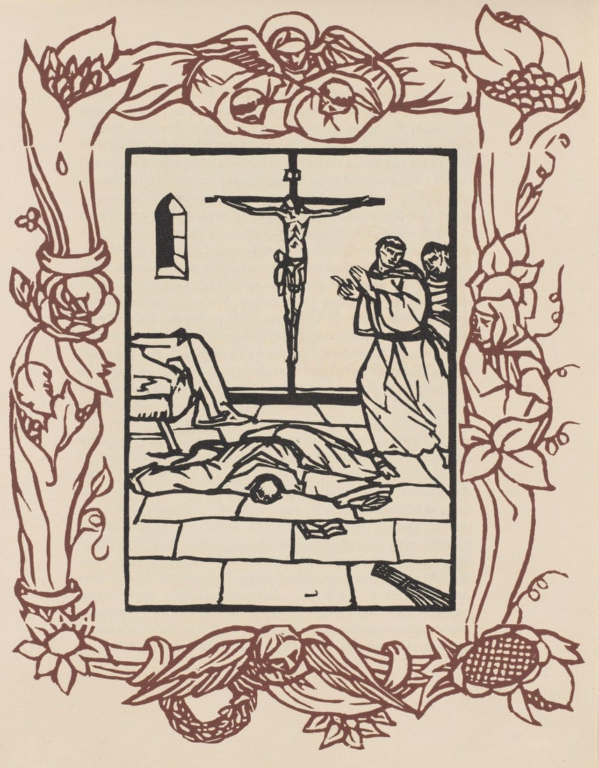 Emile Bernard, Composition (Morane, No. 100), Les Petites Fleurs de St. Francoise, Limited Edition: Wood engraving on verge d'Arches paper. Paper size: 12.8125 x 9.8125 inches. Excellent condition. Unsigned and unnumbered, as issued. Notes: From the volume, Les Petites Fleurs de St. Francois, 1928.